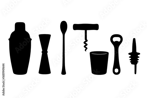 Bar tools silhouette set. Bartender equipment for cocktail making. Vector icon collection of shaker, jigger, corkscrew, bottle opener, and glass for mixology design.