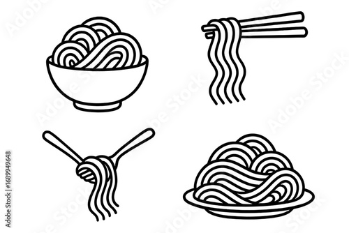 Noodle and pasta line icon set. Ramen, spaghetti food symbols. Chopsticks holding noodles, fork twirling pasta, bowl and plate. Vector for restaurant menu, web design.