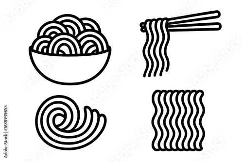 Noodle icon set, ramen, pasta outline symbols. Asian food concept. Vector illustration of soup bowl, chopsticks, instant noodles. Linear graphic for menu, web design, apps.