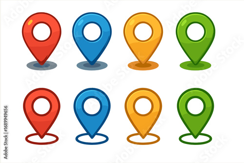 Colorful map marker set. Vector location pin collection in 2 styles. GPS navigation pointer icon. Geolocation destination symbol for maps. Point of interest sign. Flat design.