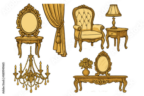 Vector set of golden antique furniture. Luxury classic baroque interior elements. Royal elegant victorian rococo collection. Hand drawn vintage sketch armchair, table, mirror, chandelier.