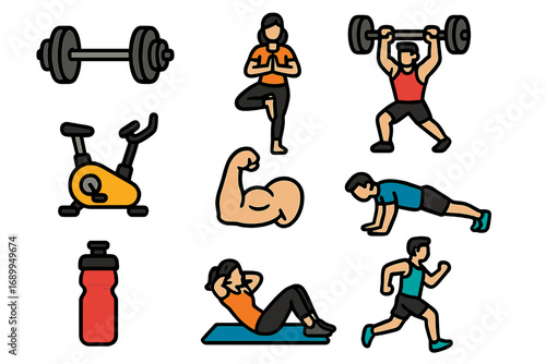 Fitness gym exercise icon set. Man and woman workout. Yoga, running, weightlifting, pushup, sit-up. Vector cartoon illustration. Healthy lifestyle sport symbols.