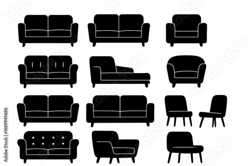 Sofa and chair silhouette collection. Vector furniture icons set. Modern couch, armchair, and loveseat. Interior design element. Home decor graphics. Minimalist lounge furniture.