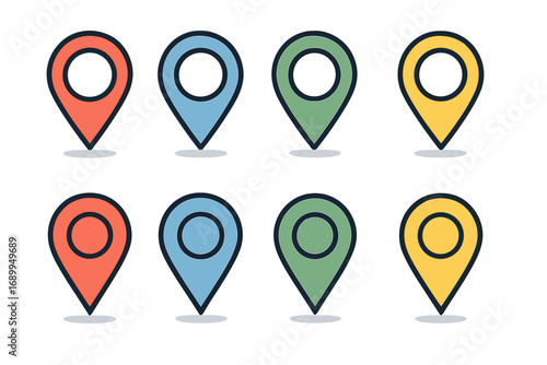 Set of colorful map markers. Location pin icon collection for GPS navigation, travel, and destination concepts. Vector pointer symbol in modern flat & glossy styles.