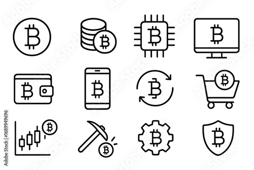 Cryptocurrency bitcoin outline icon set. Digital money and blockchain technology symbols. Finance, mining, trading, and security concepts. Vector line art pictogram collection.
