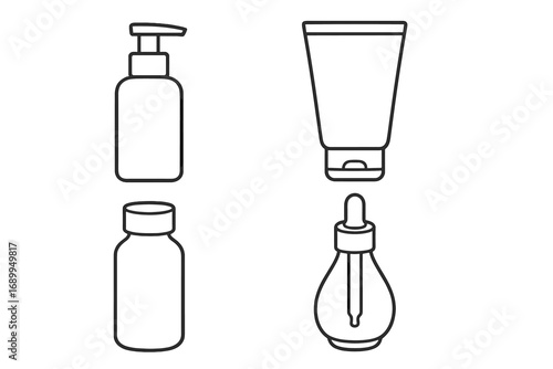 Line art vector set of cosmetic bottles and containers, includes pump bottle, cream tube, dropper bottle, and capped jar, minimalistic style for graphic design, app icons, beauty product packaging
