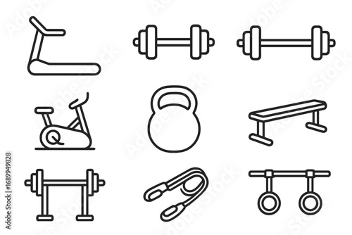 Fitness equipment outline icon set. Gym and workout vector line icons for health apps. Simple sport symbols including dumbbell, barbell, kettlebell, treadmill, bike, bench press.