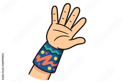 Waving hand with colorful friendship bracelet. Retro 80s 90s memphis style wristband. Vector cartoon illustration for party, event, or music festival. Greeting gesture.