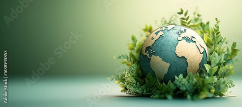 Earth globe surrounded by green leafy plants symbolizing environmental protection and nature conservation with soft green background