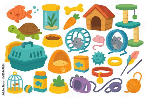 Pet shop icons. Colorful vector collection of pet supplies for various animals. Flat cartoon set of accessories for dog, cat, hamster, fish, bird. Food, toys, carrier, kennel, leash.