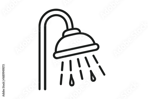 Shower head line icon with falling water drops. Bathroom, washroom, hygiene, and cleaning concept. Simple flat vector pictogram for web and mobile app design. Outline logo.