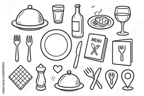 Hand drawn dinner elements icon set. Restaurant and fine dining concept. Vector cartoon sketch illustration with tableware, menu, steak, wine, cloche, cutlery and food service icons.