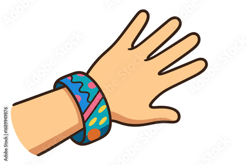 Colorful wristband on hand. Vector illustration of a friendship bracelet with modern playful patterns. Concept for event, party, festival, support, or youth accessory.