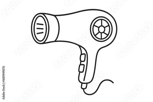 Linear vector illustration of hair dryer with control buttons, black line art design for beauty and personal care graphics, technology concept, transparent background