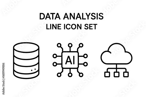 Data analysis line icon set. Database, AI, and cloud computing linear icons. Vector symbols for big data, technology, server storage, and artificial intelligence concept.