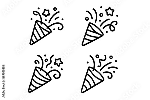 Party popper confetti cracker exploding vector icon set. Celebration surprise outline doodle illustration. Birthday, new year, festival, event graphic element isolated.