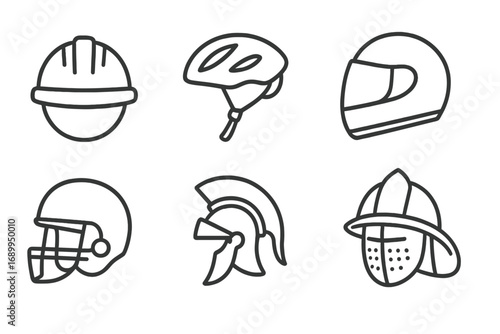 Helmet icon set vector line art. Includes construction hard hat, bicycle, motorcycle, football, Roman gladiator & warrior helmets. For safety, sports, history concepts.