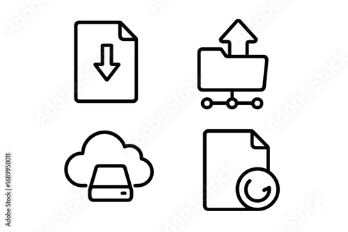 Data management line icon set. File transfer, cloud storage, and backup outline symbols. Download, upload, server, network folder, and file history vector pictograms.