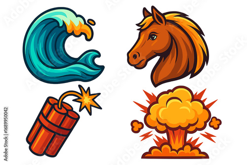 Vector icon set with ocean wave, horse head mascot, dynamite bomb, and cartoon explosion. Collection of creative design elements for logos, stickers. Power, nature, danger.
