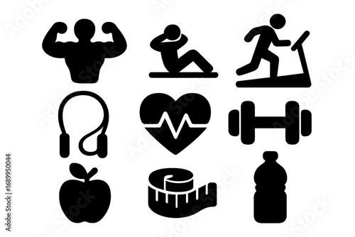 Health and fitness silhouette icons collection. Vector set for lifestyle, wellness, sport, gym. Includes bodybuilder, running, cardio, dumbbell, apple for diet, measuring tape.