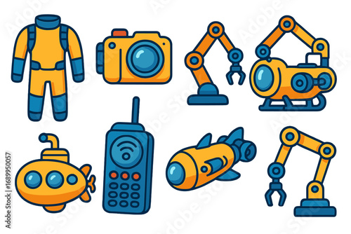 Underwater exploration icon set. Vector cartoon illustration of deep sea research technology. Submarine, ROV, robotic arm, diving suit, camera, and AUV for marine science.