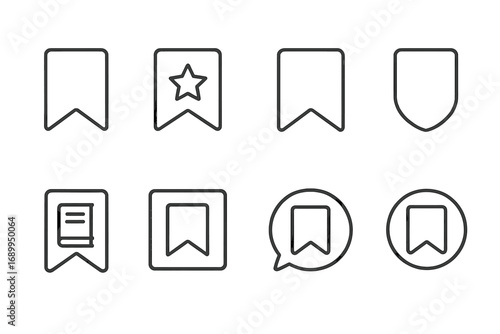 Bookmark icons set. Save symbol collection. Linear pictograms for web and graphic design. Favorite, tag, marker, and reading signs for apps, websites, social media, and UI/UX.