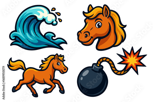 Vector cartoon icon set with horse mascot, ocean wave, and bomb. Sticker collection of vibrant design elements. Cute pony character, sea storm, and explosive danger concept.