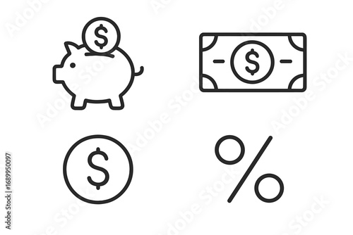 Finance and money line icon set. Piggy bank, dollar coin, banknote and percent sign. Savings, investment, budget and banking concept. Minimal vector pictogram with editable stroke.