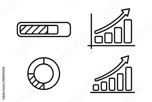 Growth chart and progress bar vector line icon set. Business data analytics concept. Bar graph with arrow, pie chart, loading indicator for UI, UX, web, and infographics.