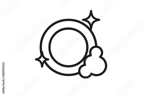 Washing dishes icon. Clean plate with soap foam and sparkles. Dishwashing, housework, and hygiene concept. Minimalist thin line vector for web, apps, and graphic design.