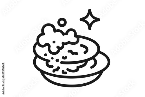 Washing dishes line icon. Clean plates with soap foam and bubbles. Kitchen hygiene concept. Housework and chores symbol. Minimalist vector pictogram for web and graphic design.