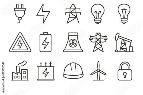 Energy and infrastructure icon set. Power industry linear collection. Electricity generation. Oil, gas, nuclear, wind power. Factory, pylon, battery, plug. Safety, security symbol.