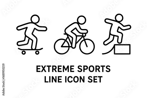 Extreme sports line icon set. Skateboarder, cyclist, and parkour athlete linear icons. Vector illustration of urban sports symbols. Active lifestyle & recreation pictograms.