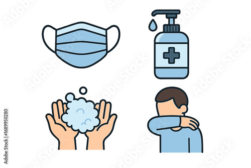 Health and hygiene precautions icon set. Virus and bacteria prevention methods. Face mask, hand sanitizer, washing hands, cough etiquette. Pandemic safety measures concept.