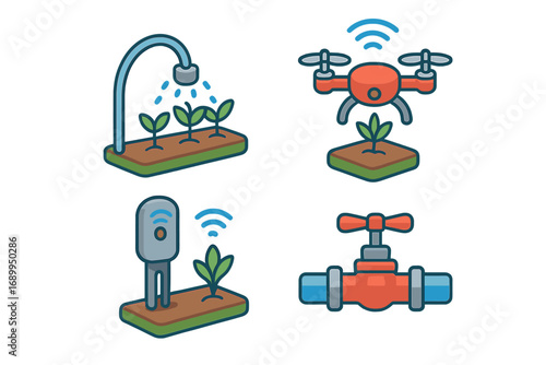 Smart farming icon set with agricultural technology elements. Isometric vector illustration of drone, sensor, irrigation system, and water valve for precision agriculture.
