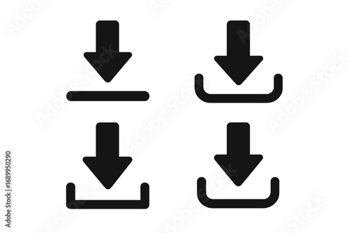 Download icon set. Simple black vector arrows collection. Web download sign for UI UX design. Technology concept. Save data button. Isolated graphic element for app interface.