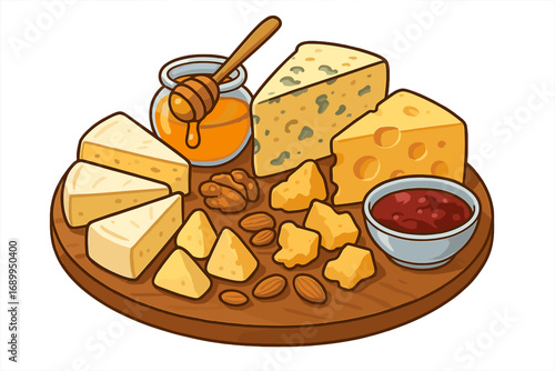 Cheese platter assortment with honey, nuts, jam. Gourmet snack appetizer board. Vector cartoon illustration. Food dairy delicatessen. Blue cheese, swiss, brie, parmesan.
