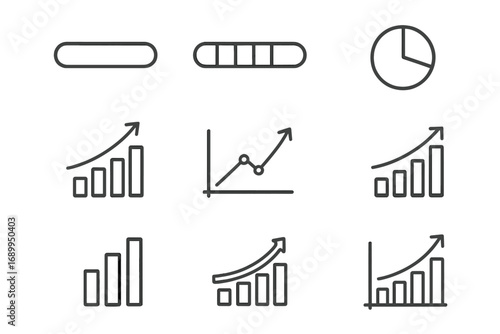 Business growth chart icon set. Data analytics line and bar graphs. Financial success report. Progress bar element. Statistics diagram. Infographic outline vector symbols.