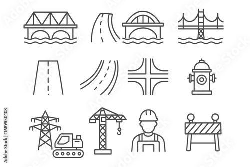 Infrastructure construction line icon set. Bridge, road, crane, worker, utilities elements. Engineering, public works, city development outline icons for web and graphic design.