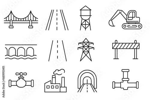Infrastructure construction line icon set. Public works, utilities and engineering concept. Vector symbols of bridge, road, excavator, tunnel, factory, power pylon and pipes.