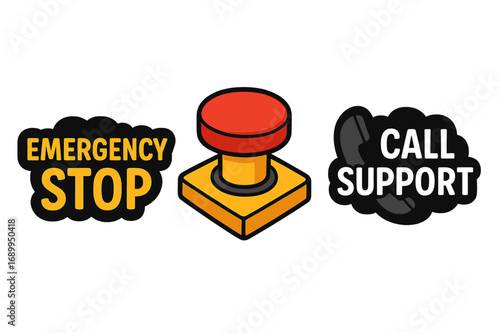 Emergency stop button and call support icon set. Vector cartoon illustration. Red warning press button for safety, alert, and security systems. Panic or sos signal concept.