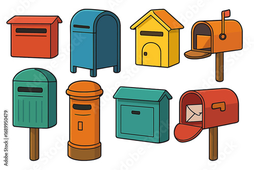 Vector set of colorful mailboxes and postboxes. Collection of various letterbox styles for mail delivery and communication. Cartoon illustration graphic elements isolated on white.