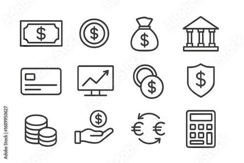 Finance and banking line icon set. Money, currency exchange, investment, and payment symbols. Vector business outline icons for web and mobile. Financial graphic elements.