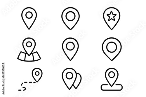 Map pin line icon set. Location marker, GPS pointer signs. Navigation symbol for web, app. Place, destination, route concepts. Address, position outline vector graphic.
