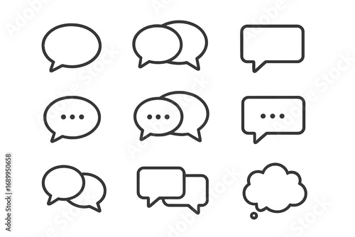Speech bubble communication line icon set. Vector chat, dialogue, message, and comment symbols. Minimalist talk and discussion icons for social media, UI, UX, and web design.