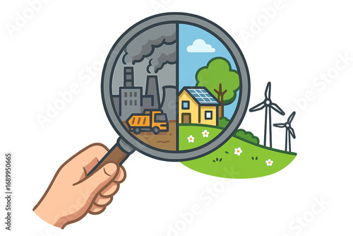 Choice between pollution and sustainable growth. Magnifying glass contrasts polluting fossil fuel factory with a clean green energy home. Ecology and climate change comparison vector.