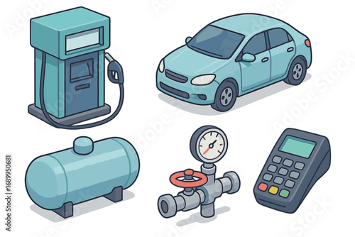 Hydrogen fuel station vector icon set. Isometric illustration of a car, H2 pump, storage tank, pressure gauge valve, and POS terminal. Green alternative energy concept.