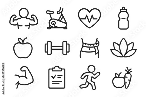 Fitness and wellness outline icon set. Healthy lifestyle, exercise, and diet symbols. Vector collection for gym, workout, cardio, and nutrition. Bodybuilding, yoga, weight loss.