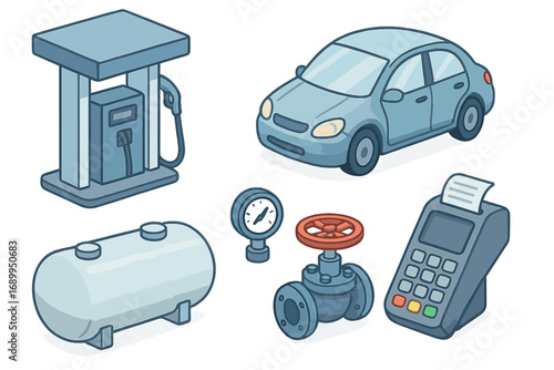 Isometric hydrogen economy set. Car at fuel station. Clean energy refueling concept. Vector cartoon illustration of H2 tank, valve, gauge, payment terminal for transport.