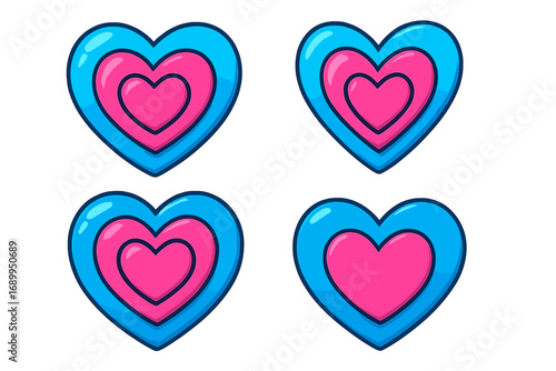Set of cute cartoon hearts. Love symbol for Valentine's day. Vector illustration icon. Pop art 3d glossy style. Layered pink and blue design element for creative projects.